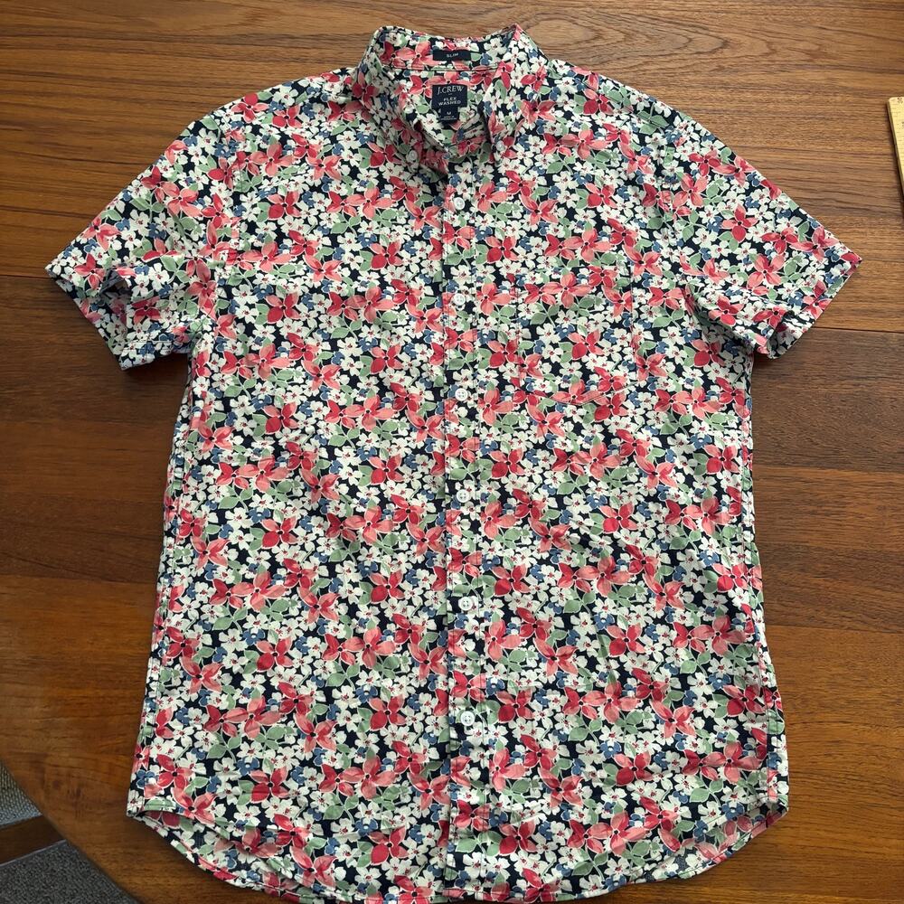 J.CREW Men's Red Blue Floral Print Slim Fit Button Down Short Sleeve Shirt M